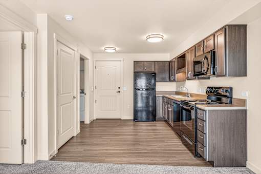 A kitchen with a black refrigerator and wooden cabinets.