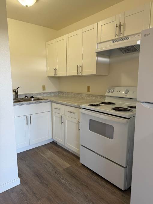 A kitchen with white cabinets and a stainless steel range hood.