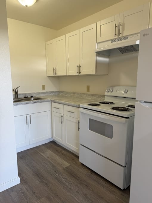 A white kitchen with a stove, sink, and cabinets.