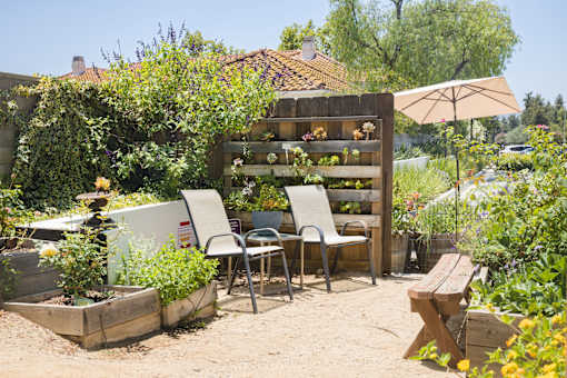 Horizons at Calabasas garden with a wooden bench, chairs, and a shelf with plants.