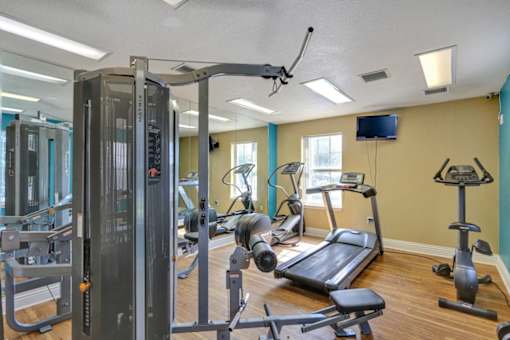 A gym with a variety of equipment including a treadmill, weights, and a television.