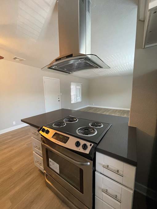 A modern kitchen with a stove top oven and a range hood.