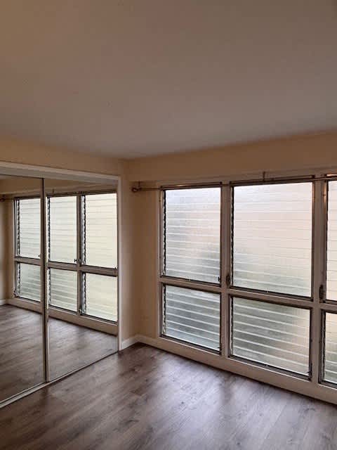 Napili Towers bedroom with large windows and a closet.