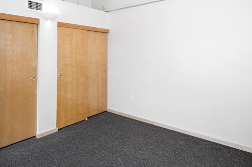 Two brown doors in a white room with grey carpet.
