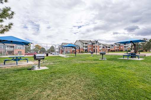 A grassy field with benches and a mailbox.
