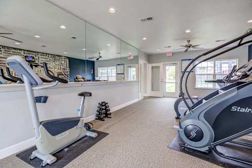 A gym with a treadmill, a stationary bike and a mirror.