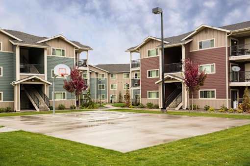A basketball court is in the middle of a grassy area in front of apartment buildings.