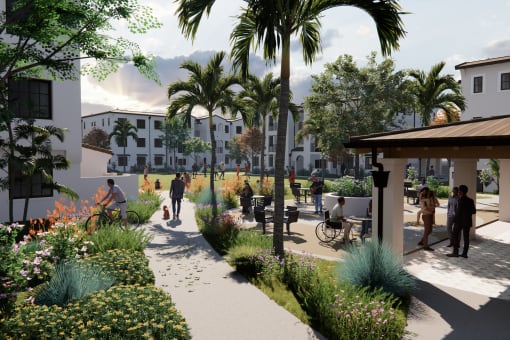 a rendering of a courtyard with palm trees and people walking and biking