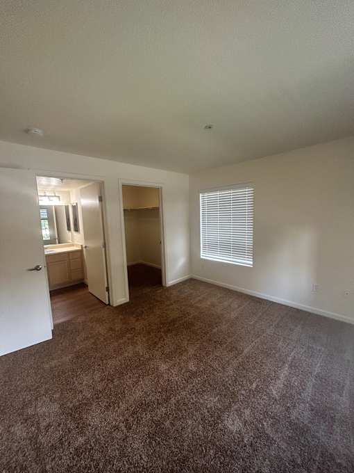 A room with carpeted floor and a window with blinds.