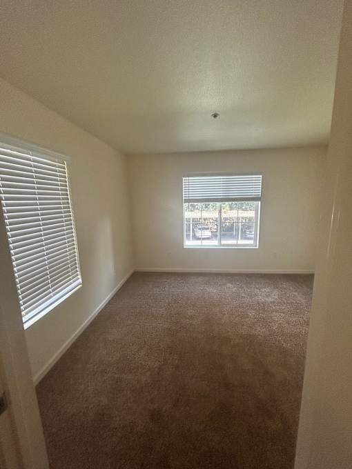 A room with a window and carpeted floor.