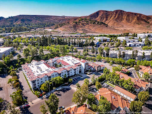 Horizons at Calabasas bird's eye view of a residential area with a large building in the center.