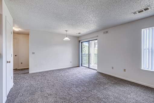 A room with a carpeted floor and a sliding glass door leading outside.
