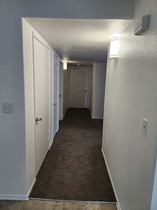 A hallway with a carpeted floor and white walls.