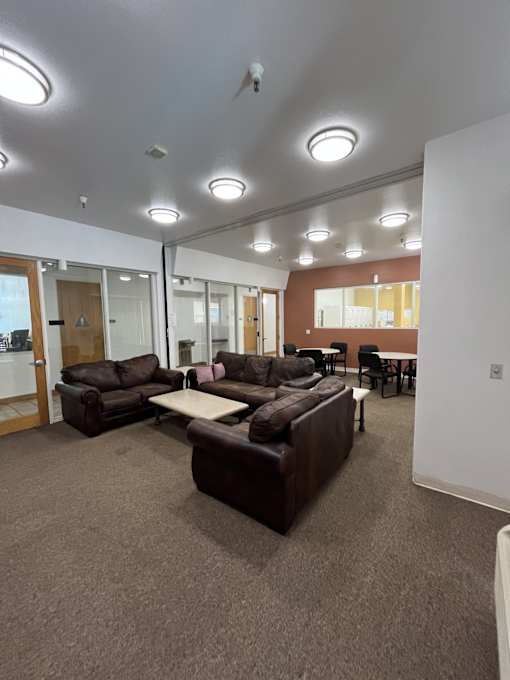 A room with brown couches and a carpeted floor.