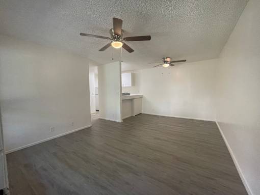 Cluster Park living room and dining area with a ceiling fan and light fixture, and a second fan on the wall.