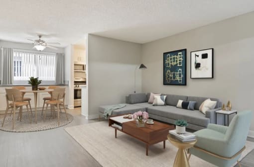 a living room with a couch and a table