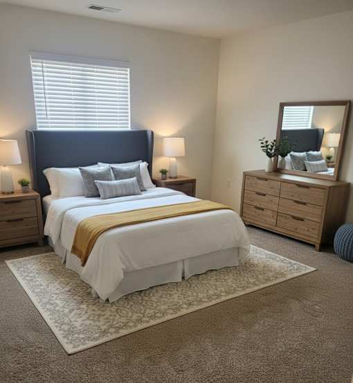 A bedroom with a bed, nightstand, and dresser.