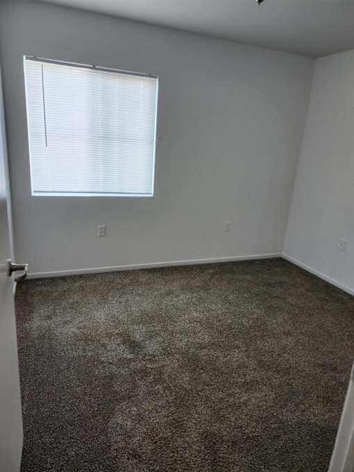 A room with a carpeted floor and a window with blinds.