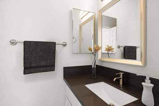 A bathroom with a white sink and a mirror.