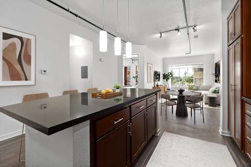 A modern kitchen with a black countertop and wooden cabinets.