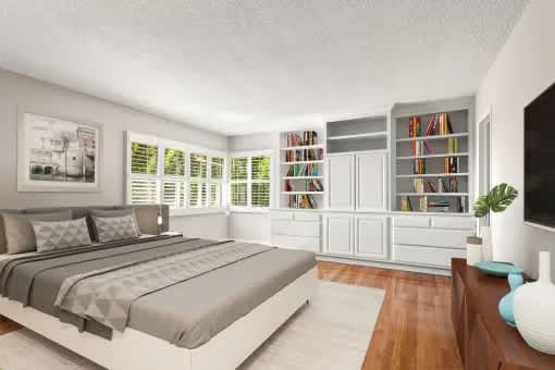 A bedroom with a large bed, a bookshelf, and a window with blinds.
