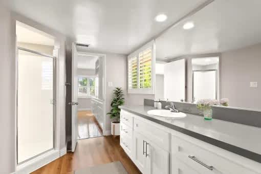 A bathroom with a white sink and a mirror above it.