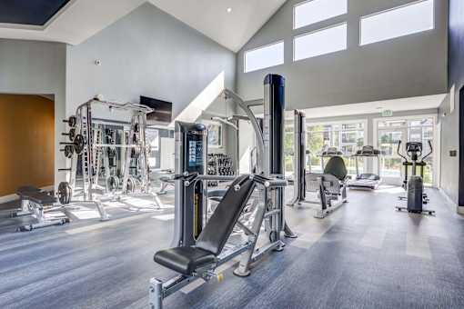 A gym with a variety of equipment including a leg press machine.