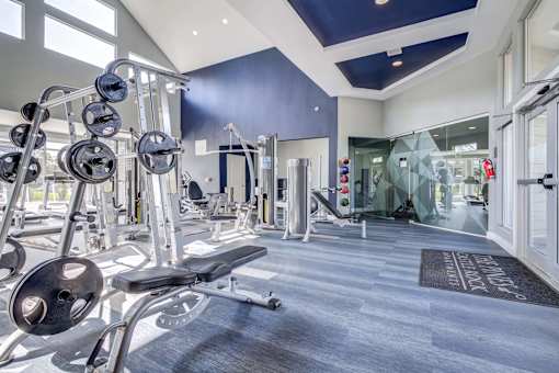 A gym with a variety of equipment including dumbbells and weight machines.