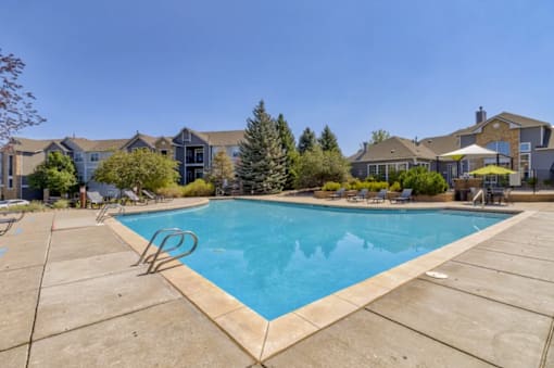 A swimming pool surrounded by a concrete patio and residential houses.
