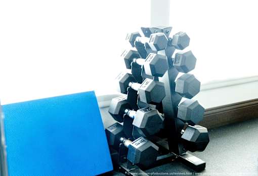 Horizons at Calabasas gym's stack of hexagonal dumbbells.