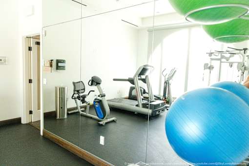 Horizons at Calabasas gym with a blue exercise ball in the foreground.