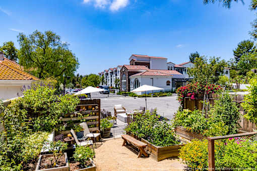 Horizons at Calabasas garden with a table and chairs surrounded by plants.