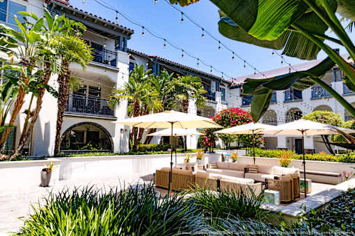 Horizons at Calabasas couryard with a white couch and umbrellas is surrounded by plants and trees.