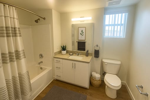 A small white bathroom with a toilet, sink, and shower.