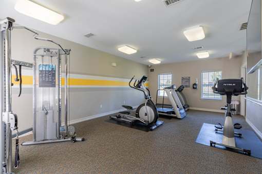 A gym with a variety of equipment including a treadmill, a stationary bike, and a weight machine.