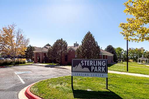 Sterling Park Leasing Center sign in front of a building.