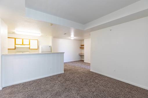 A large, empty room with a carpeted floor and white walls.