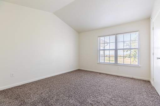 A room with a carpeted floor and a window.