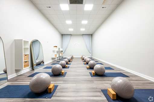A room with exercise balls on mats.