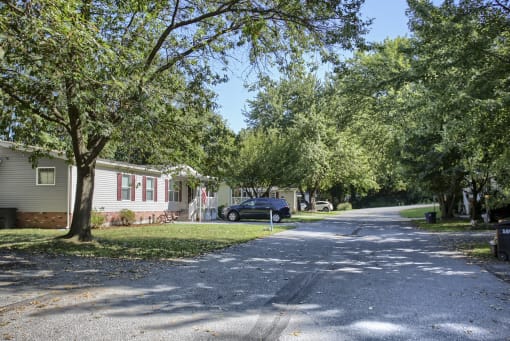 a row of houses on a street with trees in front of them