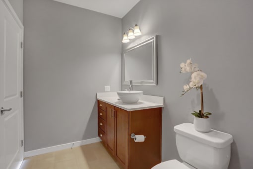 a small bathroom with gray walls and a white toilet | Centerpointe Apartments in Camp Hill