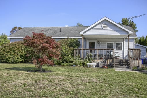 a view of the back of the house with a tree in the front yard