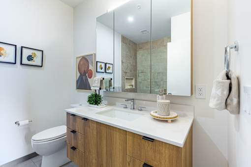 A bathroom with a white counter top and a mirror above it.