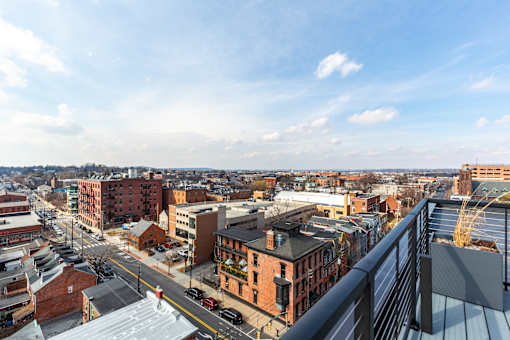 A cityscape with buildings and a clear sky.