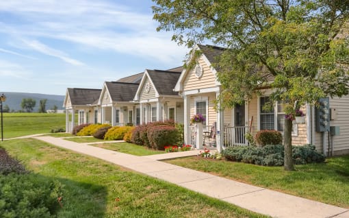 a row of small houses on the side of a sidewalk