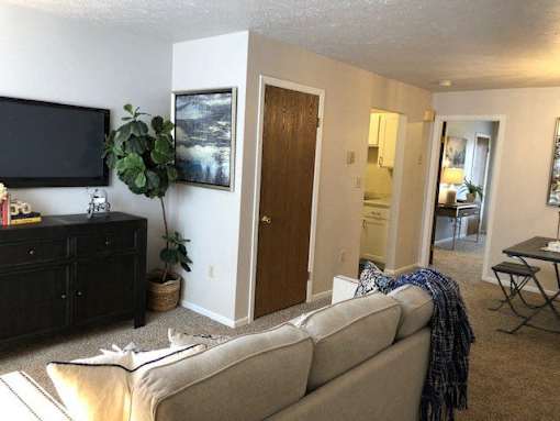 A living room with a grey couch and a black cabinet.