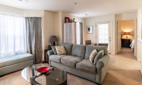A living room with a grey couch and a glass coffee table.