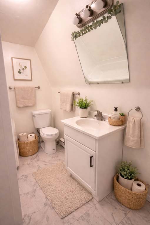 A white bathroom with a toilet, sink, and mirror.