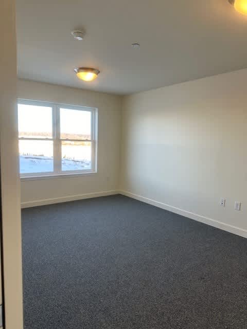A room with a window and a carpeted floor.