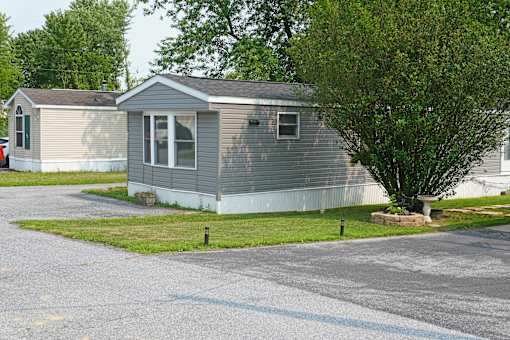 A grey house with a tree in front.